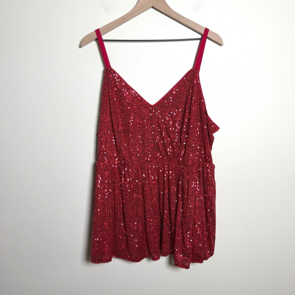 Torrid Womens Cami Top Size 3 Red Sequin Holiday Babydoll V-Neck Party Festive